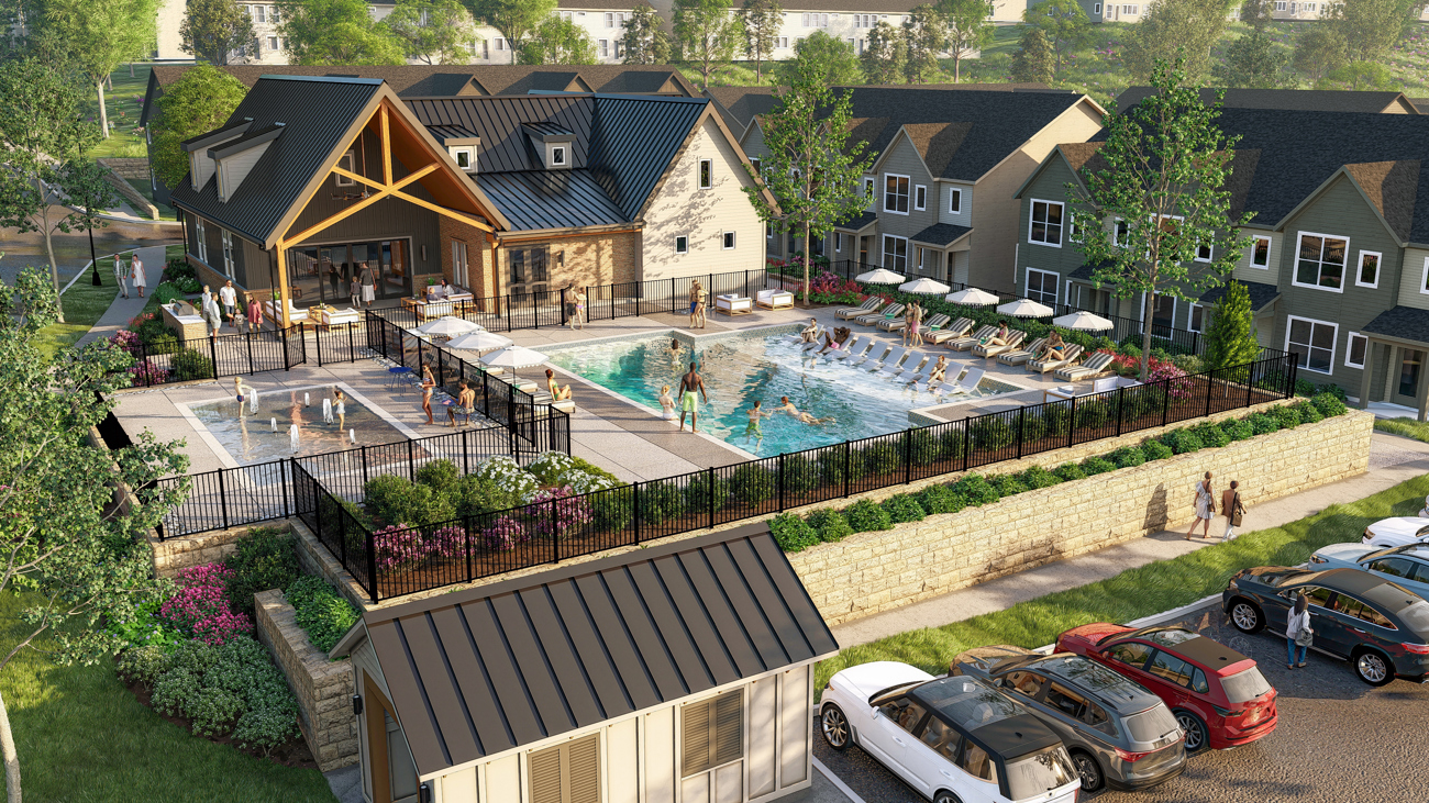 Resort style pool with sundeck, splash pad &amp; a covered pavilion&nbsp;